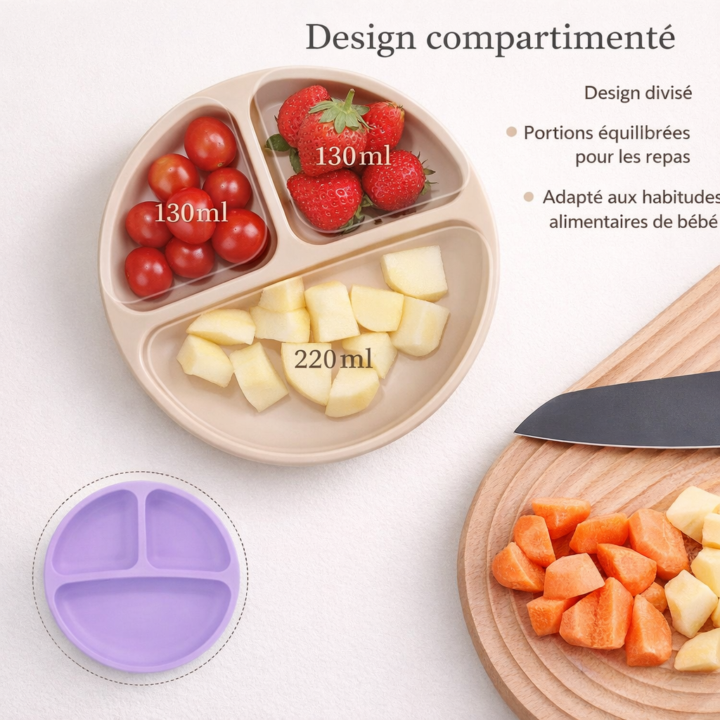 Bandeja de alimentación para bebés de silicona compartimentada